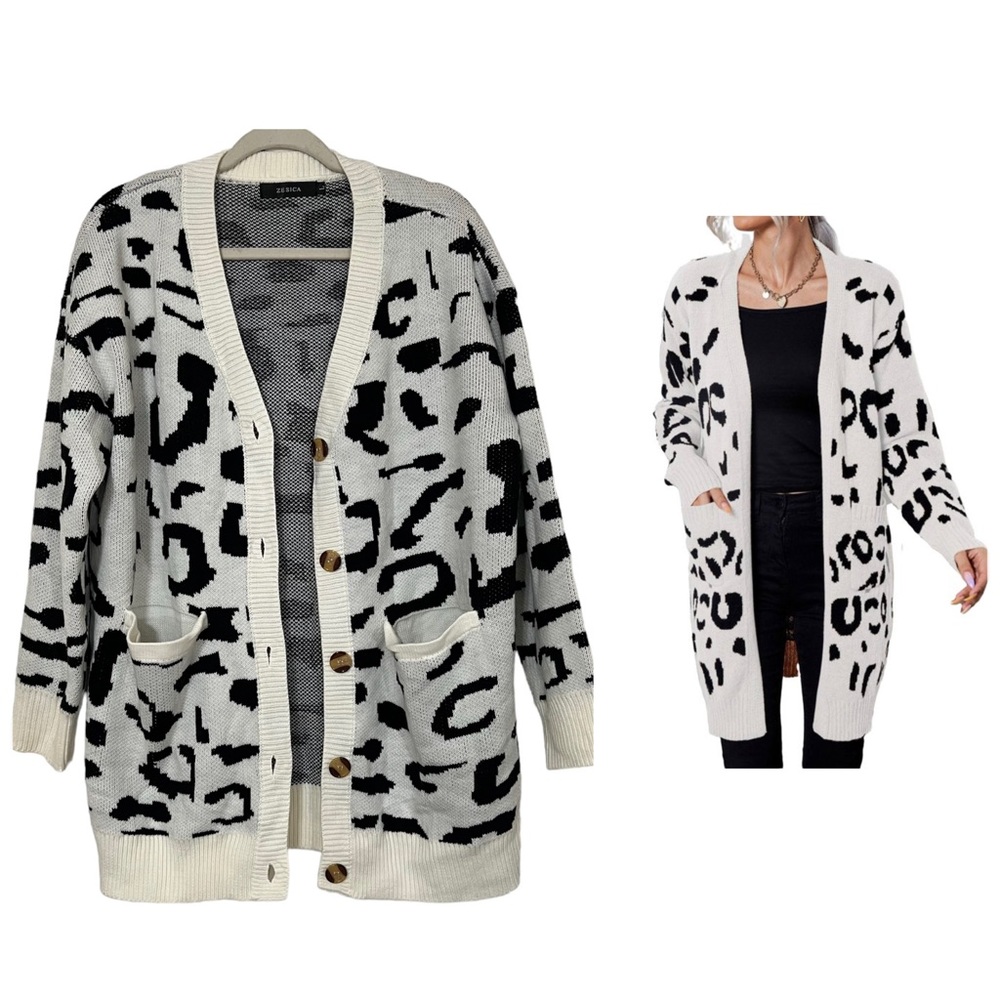 ZESICA Leopard Black N White Print Knitted Cardigan Long sleeves Size L - Picture 12 of 16